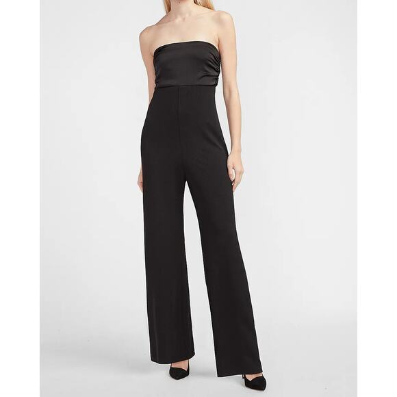 Express black pieced satin strapless bow tie back wide leg jumpsuit XS new nwt - Picture 1 of 15